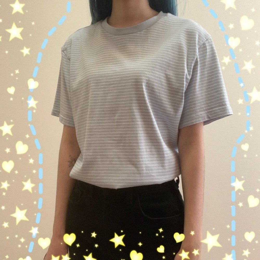 Pastel Sky Light Blue Stripe Forever 21 F21 Shirt T-Shirt Short Sleeve Small